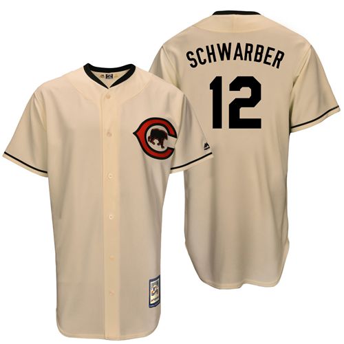 Mitchell And Ness Cubs #12 Kyle Schwarber Cream Throwback Stitched MLB Jersey - Click Image to Close